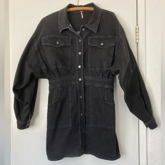 Free People Washed Black Denim Utility Jacket Dress - Picture 6 of 7